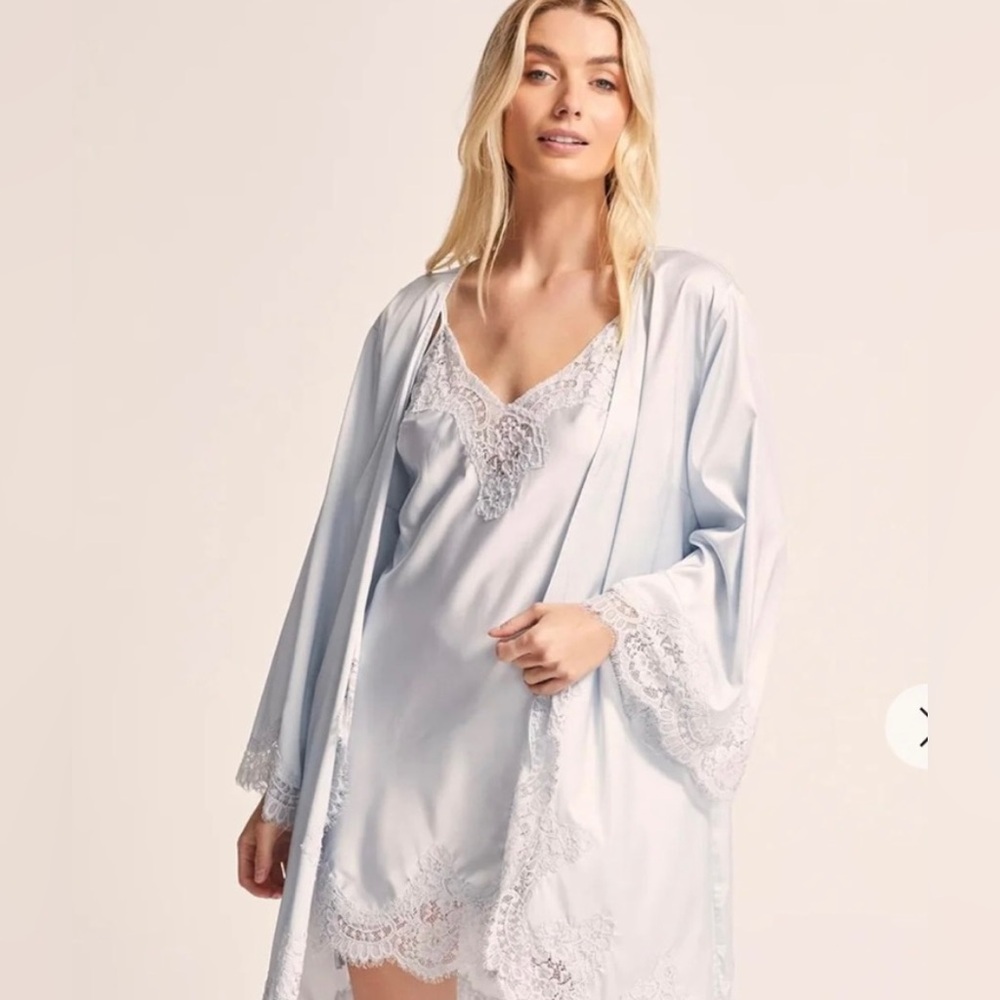 Homebodii Eggshell Blue Satin Slip and Robe Set